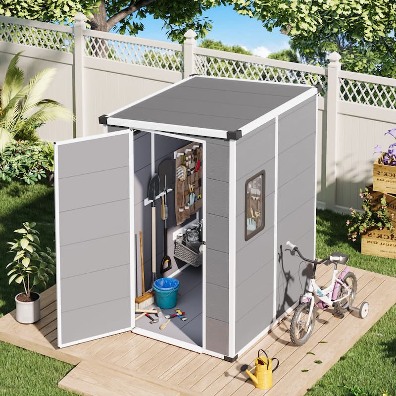 Erommy Outdoor Storage Shed with Built-In Floor, Lockable Double Doors & Sloped Roof