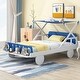 preview thumbnail 2 of 6, White+Blue Playful Twin Car Platform Bed, Ceiling Cloth, Storage Shelf, Wheel Legs