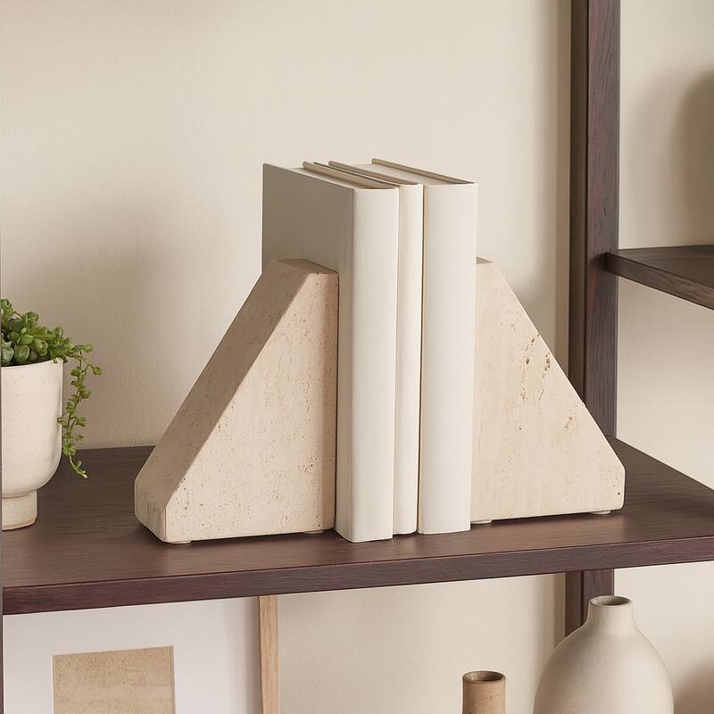 Modern Travertine Triangular Bookends - Decorative Book Ends - 5", Tan - 5.0" - Tan - 5.0"