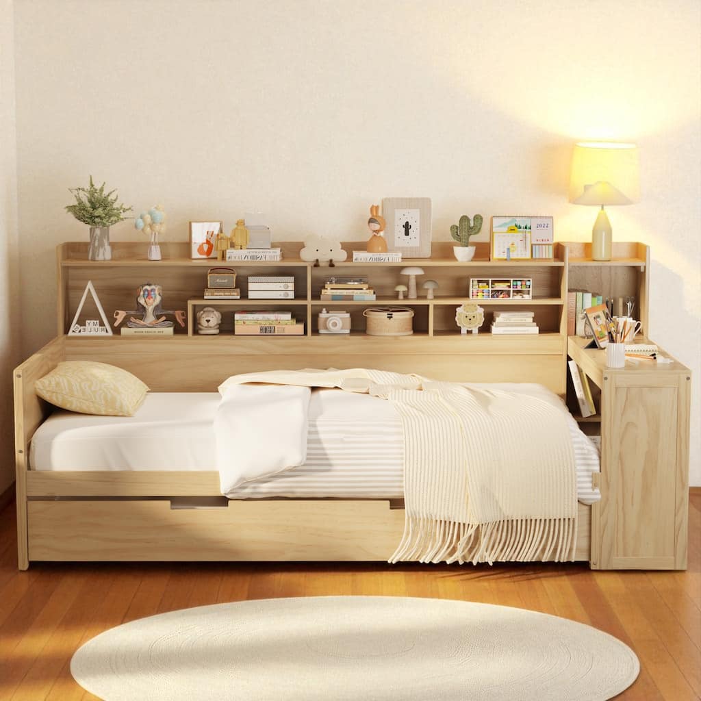 Twin Size Wood Daybed with Trundle, Storage Shelves and Built-in Study Desk, Multifunctional Space-Saving Bed