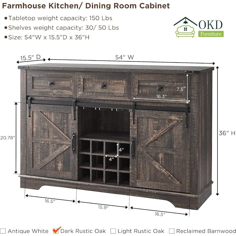 Farmhouse Bar Cabinet, Coffee/Wine Bar Cabinet w/Wine & Glass Rack
