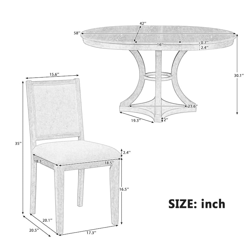 5-Piece Retro Functional Dining Table Set Extendable Round Table and 4 Upholstered Chairs for Dining Room and Living Room