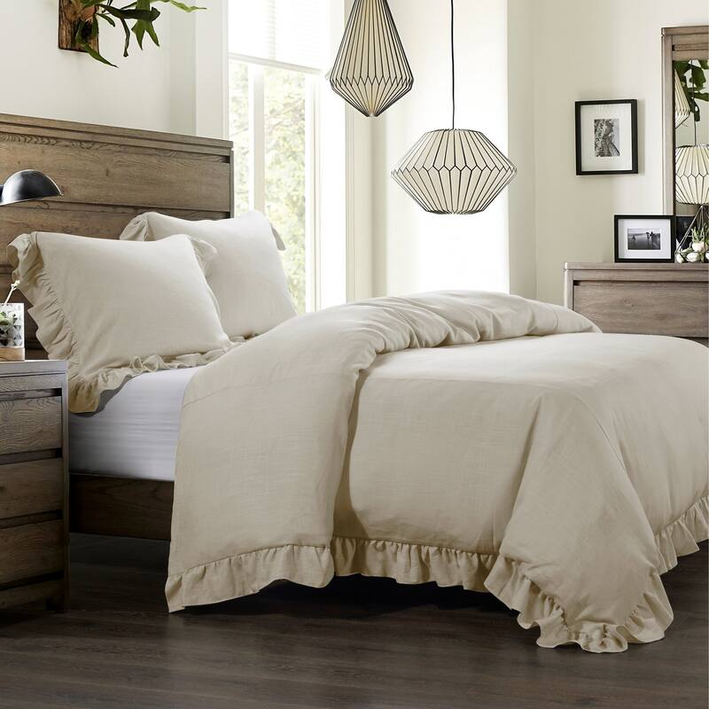HiEnd Accents Lily Washed Linen Duvet Cover, 1PC - Light Tan - Queen