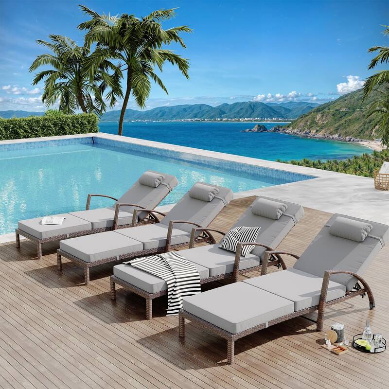 Outdoor Chaise Lounge Chairs Set of 2, Patio Rattan Reclining Chair with 5-Position Adjustable Backrest