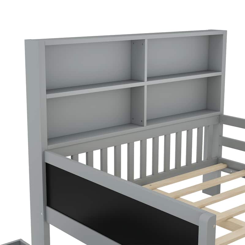 Childlike Fun Solid Wood Low-profile Platform Bed Storage Bed Frame with Side Chalkboard, Open Shelves, Drawers and Guardrails