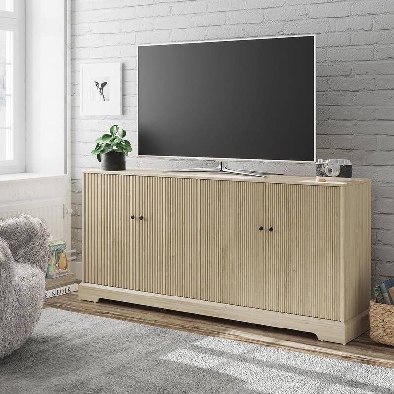 Mid-Century TV Stand Sideboard Cabinet with 4 Fluted Doors Storage & LED Light