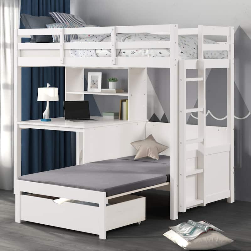 Furniture of America Aurelian Modern Twin 3-in-1 White Solid Pinewood Loft Bed with Desk and Convertible Bench - White