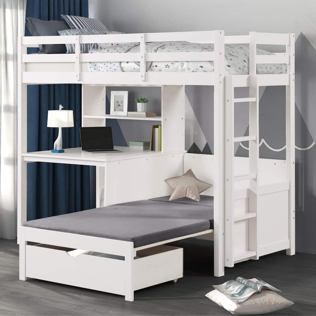 Furniture of America Aurelian Modern Twin 3-in-1 White Solid Pinewood Loft Bed with Desk and Convertible Bench
