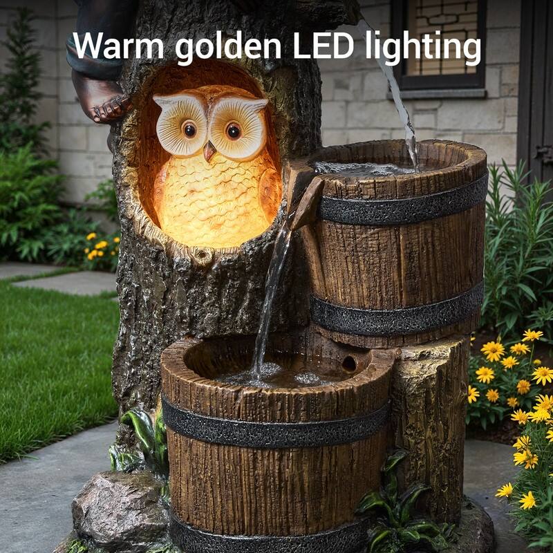 LED Outdoor Garden Fountain – Polyresin 2-Tier Kids & Owl Style