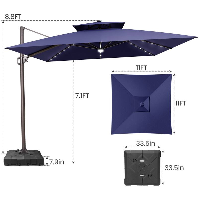 11 ft Solar Powered LED Aluminum Patio Cantilever Umbrella 360-degree Rotation with Weights Base