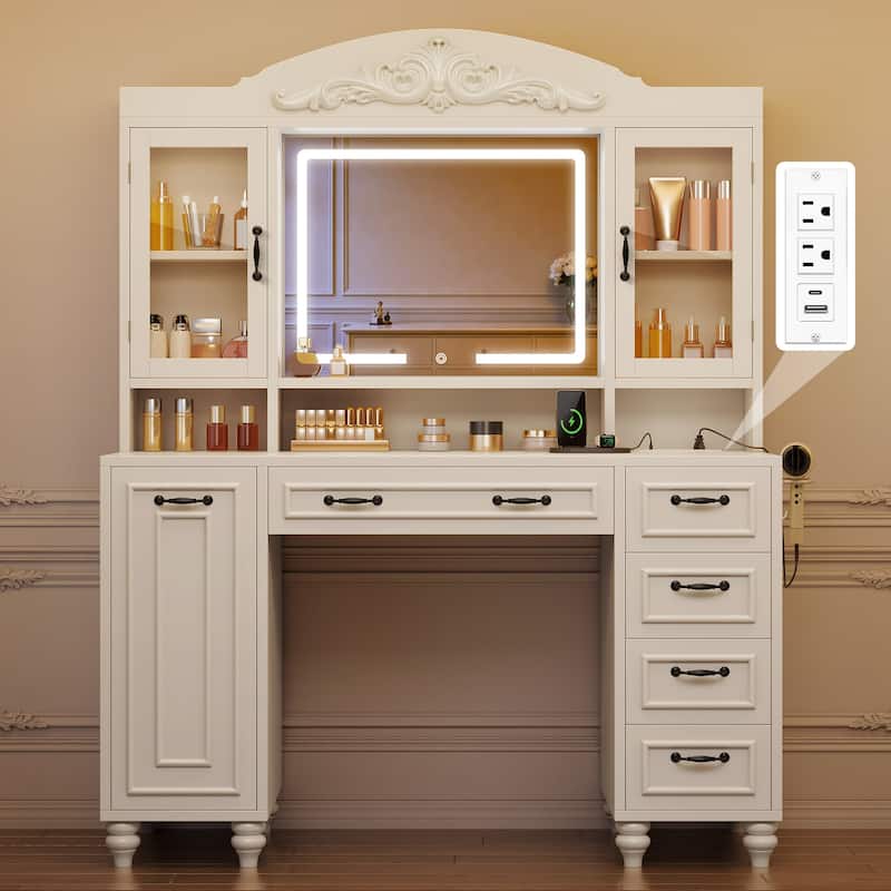 Moasis Modern 5-Drawer Makeup Vanity Table With Exquisite Carved and Built-in Charging Station