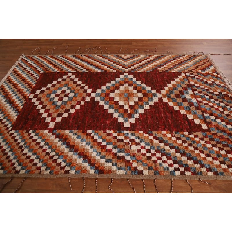 Hand Knotted Oriental 100% Wool Carpet Modern Geometric Red Moroccan Area Rug - 7' 9'' X 5' 6''