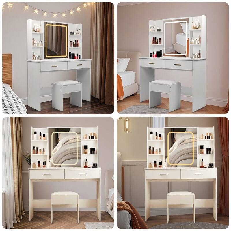 Modern Vanity Desk with Mirror and Lights, 6 Storage Shelves, Adjustable 3 Lighting Modes