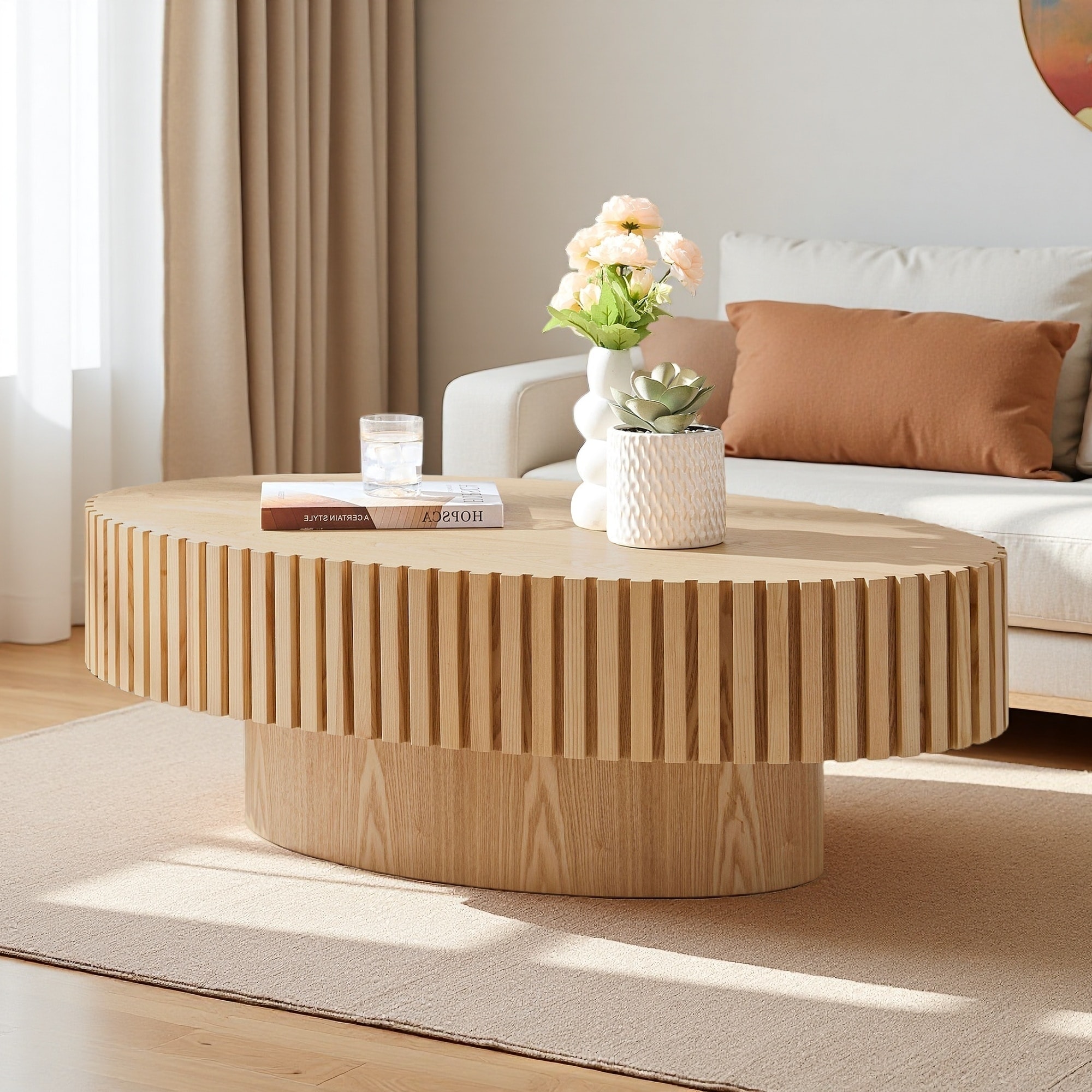 43.7" Oval Ash MDF Coffee Table with Drum Pedestal