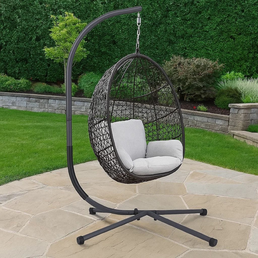 76 Inch Outdoor Swinging Chair Stand, Bold Black Steel, 4 Legged Base
