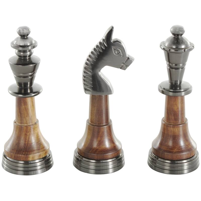 Aluminum Metal Chess Decorative Sculpture with Mango Wood Center - Set of 3 Silver or Dark Gray - Roche River Decor - Silver - 2"W, 7"H