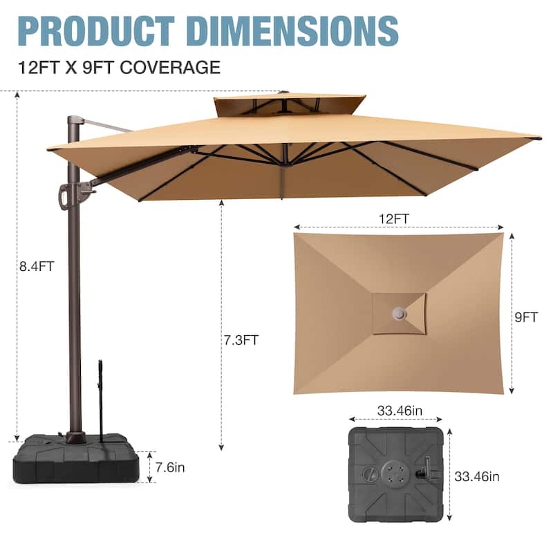 9x12 FT Rectangular Outdoor Patio Double Top Cantilever Offset Umbrella with Rod Base