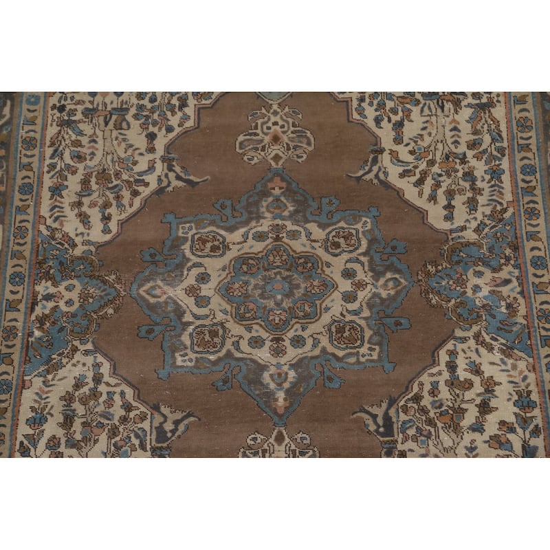 Brown Tabriz Persian Vintage Area Rug Hand-Knotted Wool Carpet - 6'9"x 9'9"