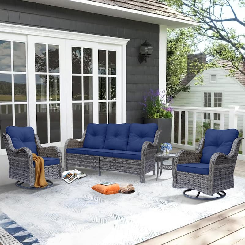 4 Piece Outdoor Seating Wicker Patio Furniture Swivel Chair Sofa Sets - Navy Blue-Gray Rattan