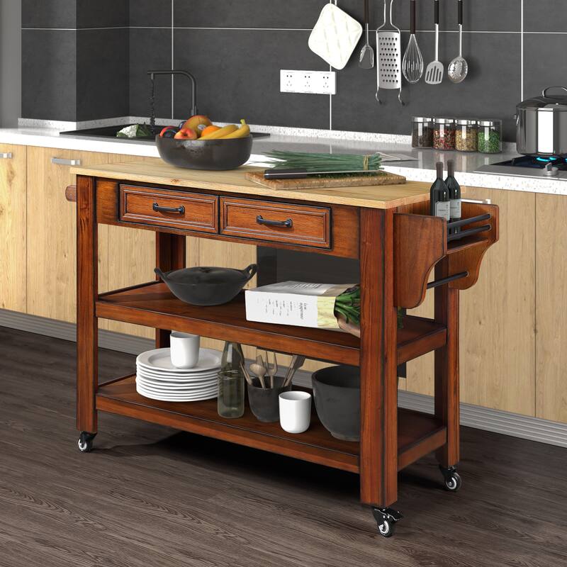 Farmhouse Kitchen Island with Drop Leaf, Barn Door, Power Outlet, Rolling Kitchen Cart on Wheels with Spice Rack
