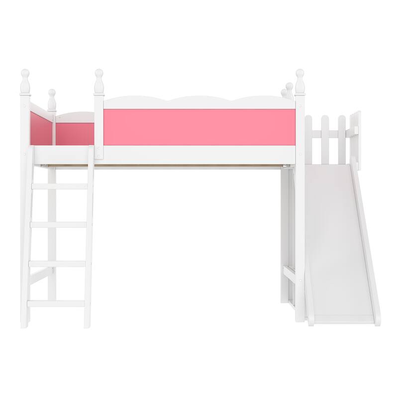 Full Loft Bed with Storage Shelves and Wardrobe, Solid Wood Loft Beds with Detachable Slide and Ladders, No Spring Box Needed