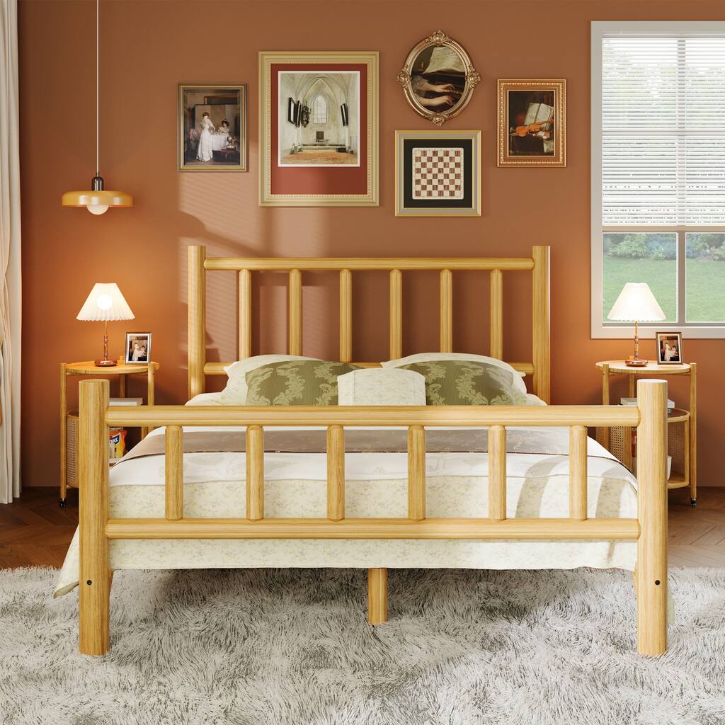 Queen Size Rustic Style Farmhouse Log Bed with Pure Solid Pine Cylinder Construction for Bedroom