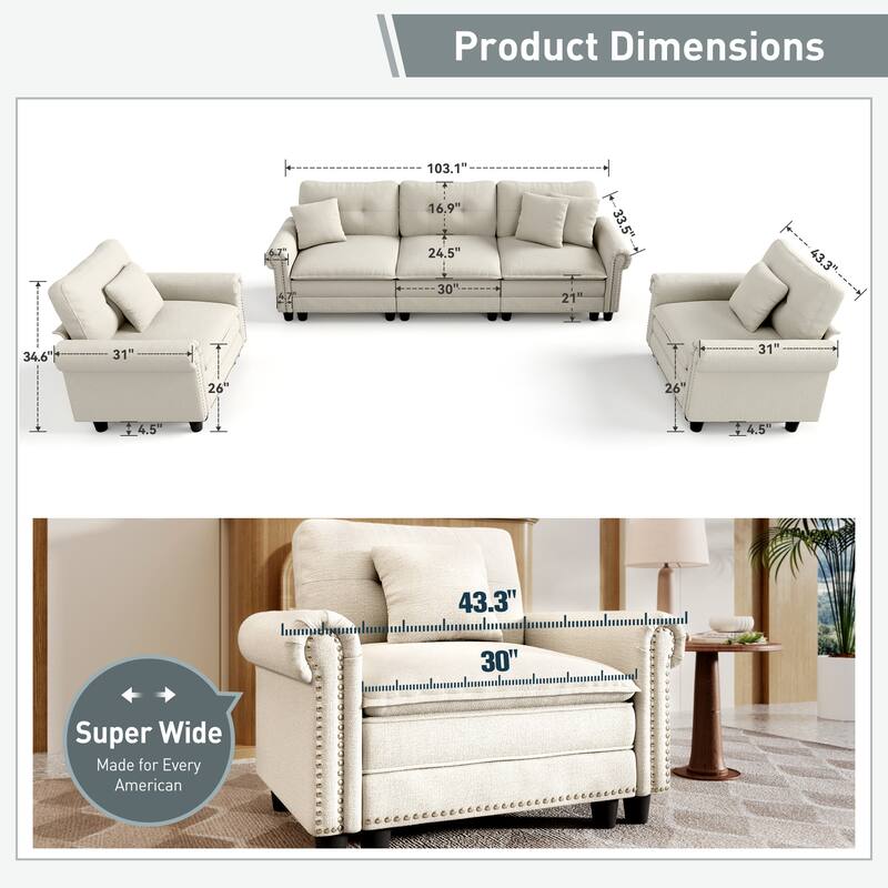 MASION ARTS 3-Piece Modular Sectional Sofa, Oversized Cloud Couch with Armchairs/Loveseats, Deep Seat Sofa (5–7 Seats)