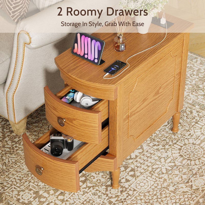 Rossetta Vintage Style Slim Narrow End Table with Convenient Charging Station and Deep Drawers, Easy Assembly