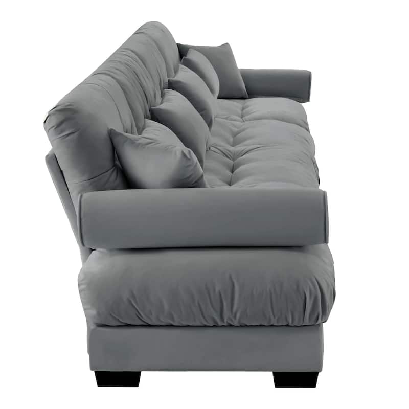 166" Velvet 4-Seater Sofa with Bolster Armrests, High-Resilience Sponge Cushions