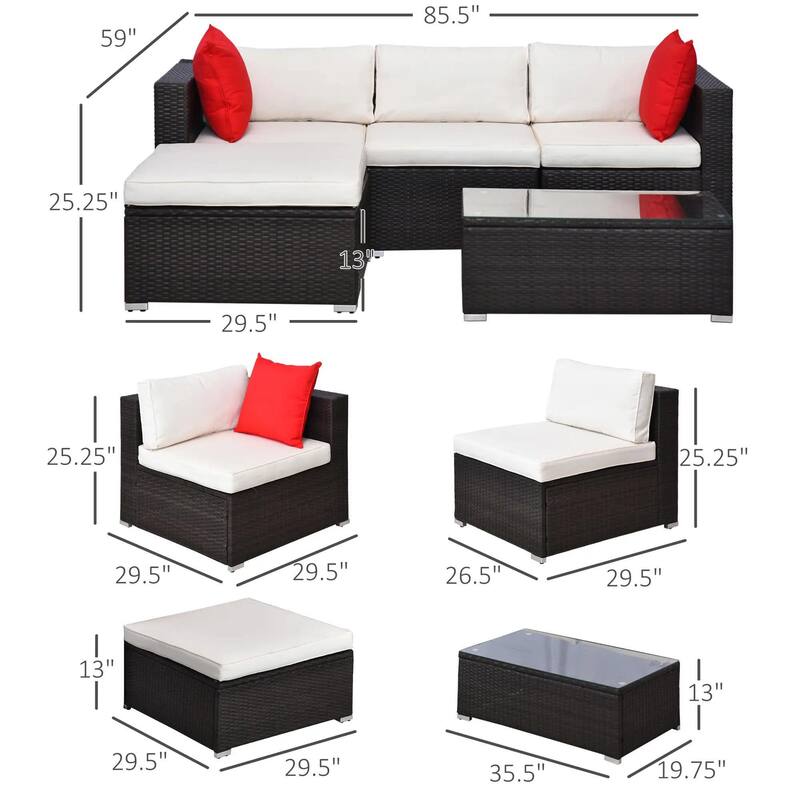 5-Piece Patio Furniture Set with Cushions, Pillows, Glass Coffee Table
