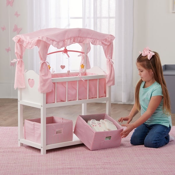 slide 2 of 7, Badger Basket Canopy Doll Crib with Baskets, Bedding, and Mobile - White/Pink