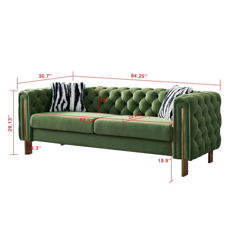 Velvet Tufted Sofa with Gold Metal Legs & Toss Pillows - 84" Width