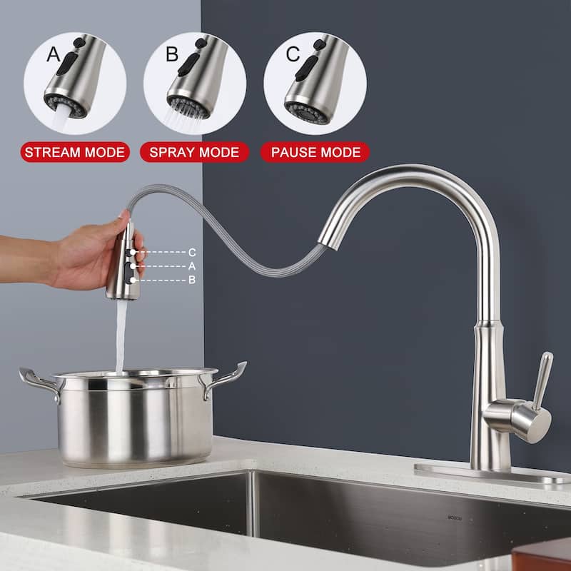 WOWOW Single Handle 3-Mode Pull Out Sprayer Kitchen Faucet