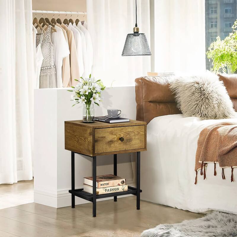 Javlergo Industrial Nightstand with Drawer and Mesh Shelf (Set of 2)