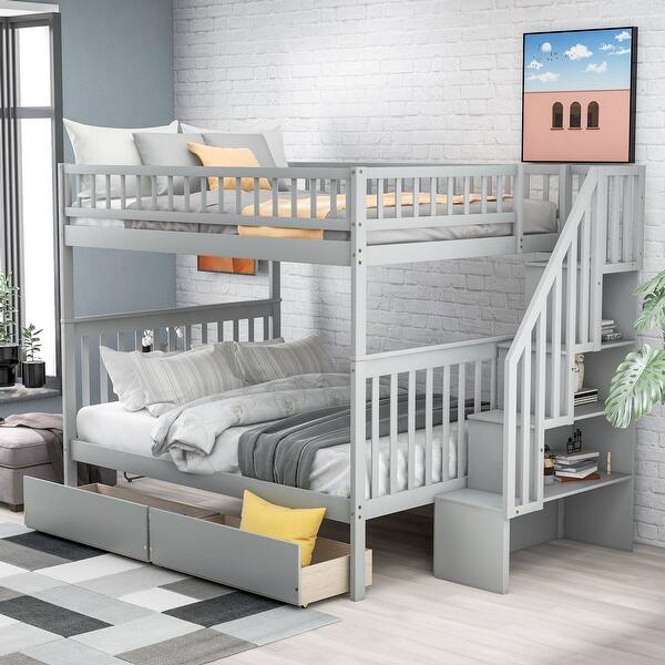 slide 2 of 19, Cottage Design Full over Full Bunk Bed with Two Drawers,Storage Staircase with Shelves,Upper High Guardrail Gray