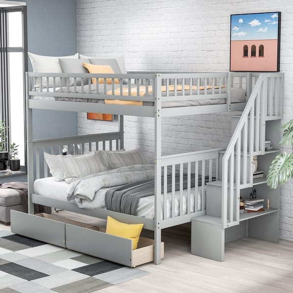 slide 2 of 9, Full over Full Wood Bunk Bed with Two Drawers - Space-Saving & Functional Design Grey