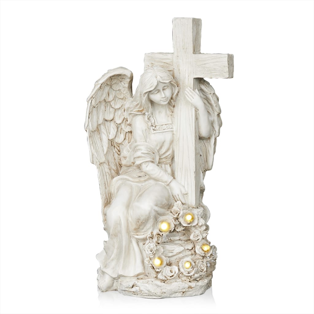 Solar Angel Holding Cross Statue with LED Lights