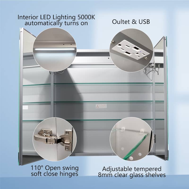 ExBrite LED Lighted Bathroom Medicine Cabinet with Mirror,Recessed or Surface Mount, Defog