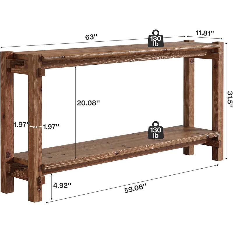 63-Inch Solid Wood Console Table, 2-Tier Narrow Entryway Table with Storage - 63" L x 11.8" W x 31.5" H