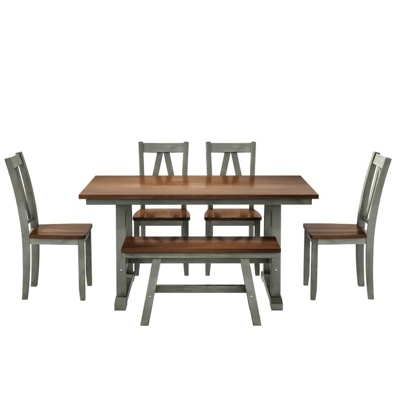 6-Piece Dining Table Set with Sturdy Rubberwood and Multifunctional Chairs and Bench for Family Meals