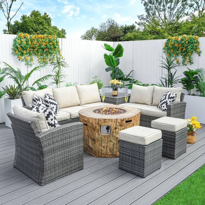 7-piece Patio Wicker Garden Chat Sofa Set with Fire Pit Table and Storage Box - Grey-Round