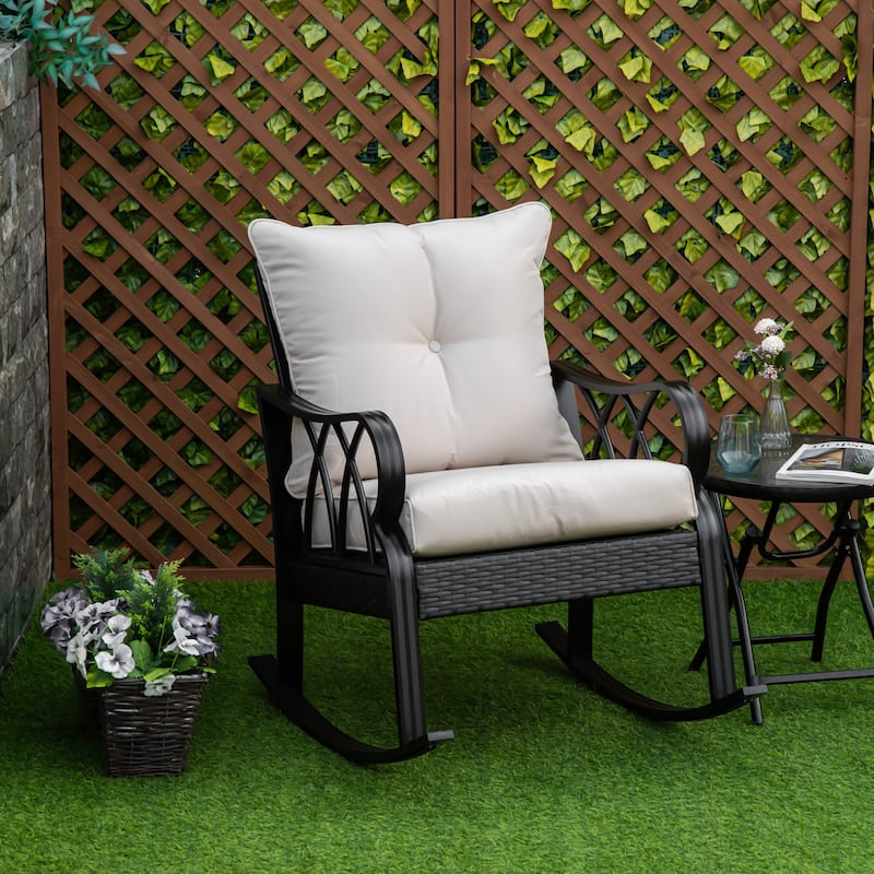 Outdoor Wicker Rocking Chair - Padded Cushions, Aluminum Frame and Armrests, Comfortable Porch Rocker with Armrests
