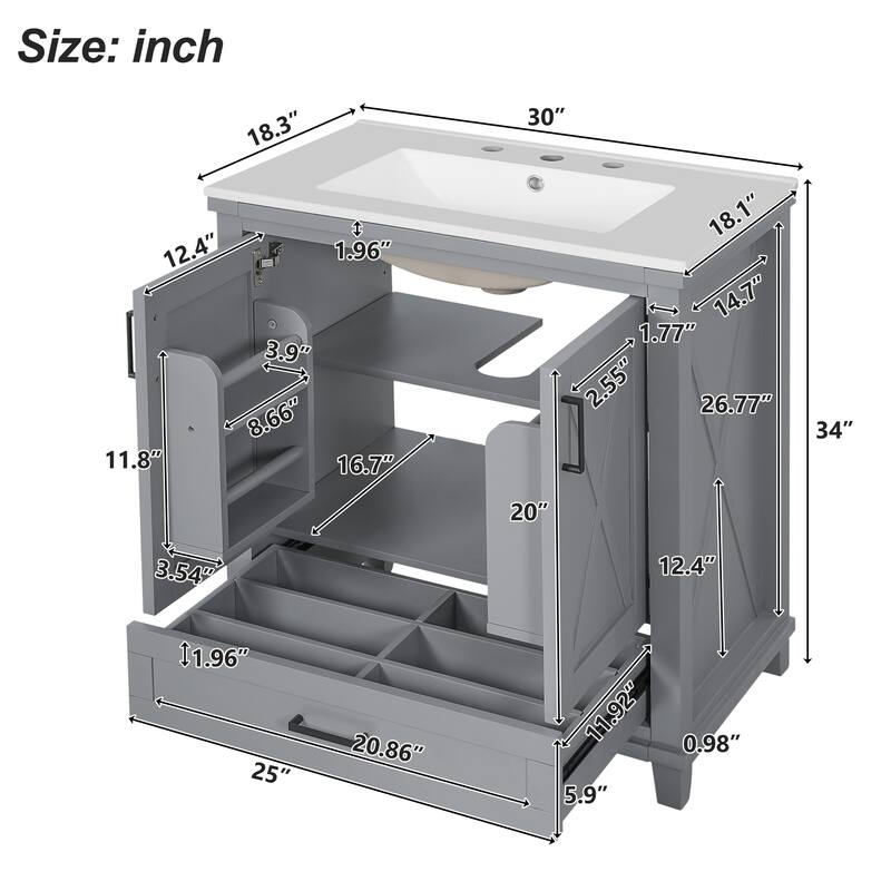 30 Inch Bathroom Vanity Single Sink Solid Wood MDF 2 Soft Close Doors 1 Divided Drawer