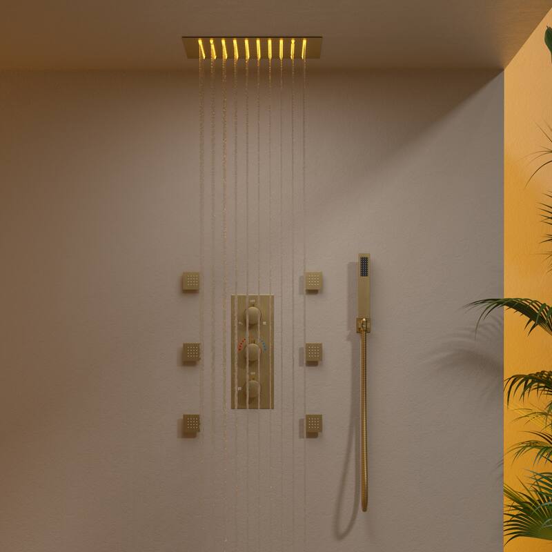 GRANDJOY 12" Ceiling-Mount Shower System with LED Rainfall Head, Handheld Spray and 6 Body Jets
