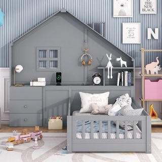 Twin Size House Bed with Window and Bedside Drawers, Platform Bed with Shelves and a set of Sockets and USB Port, Grey