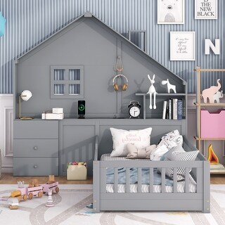 Twin Size Platform Bed with Window, Drawers, Shelves, Sockets and USB Port