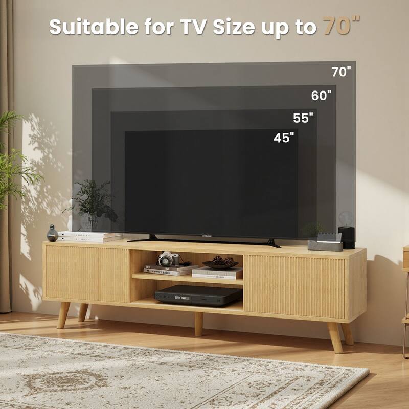 Meyreso 63" Modern Wood TV Stand with Sliding Doors, LED Lighting, and Adjustable Shelf - 64 inches in width