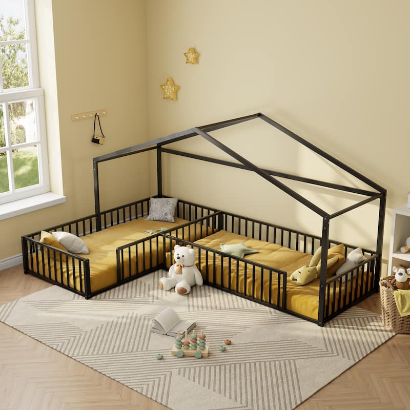 Twin Size L-shaped Corner Montessori Bed with Fence, Metal House-shaped Bed Frame, Without Slats, Floor House Bed for 2 Kids