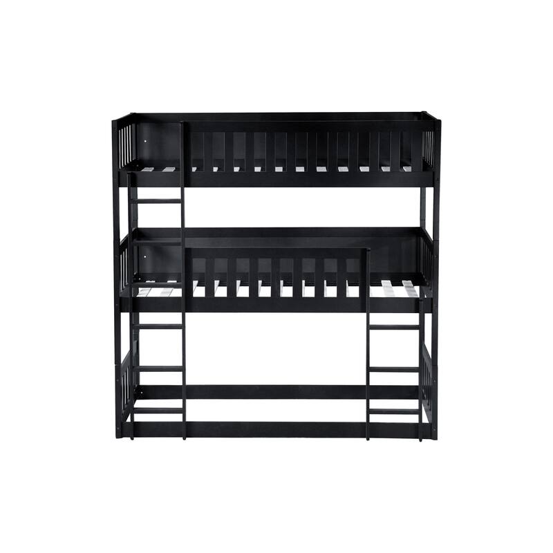 Triple Rubber Wood Bunk Bed, Twin over Twin, Black, Detachable, Space-saving Design