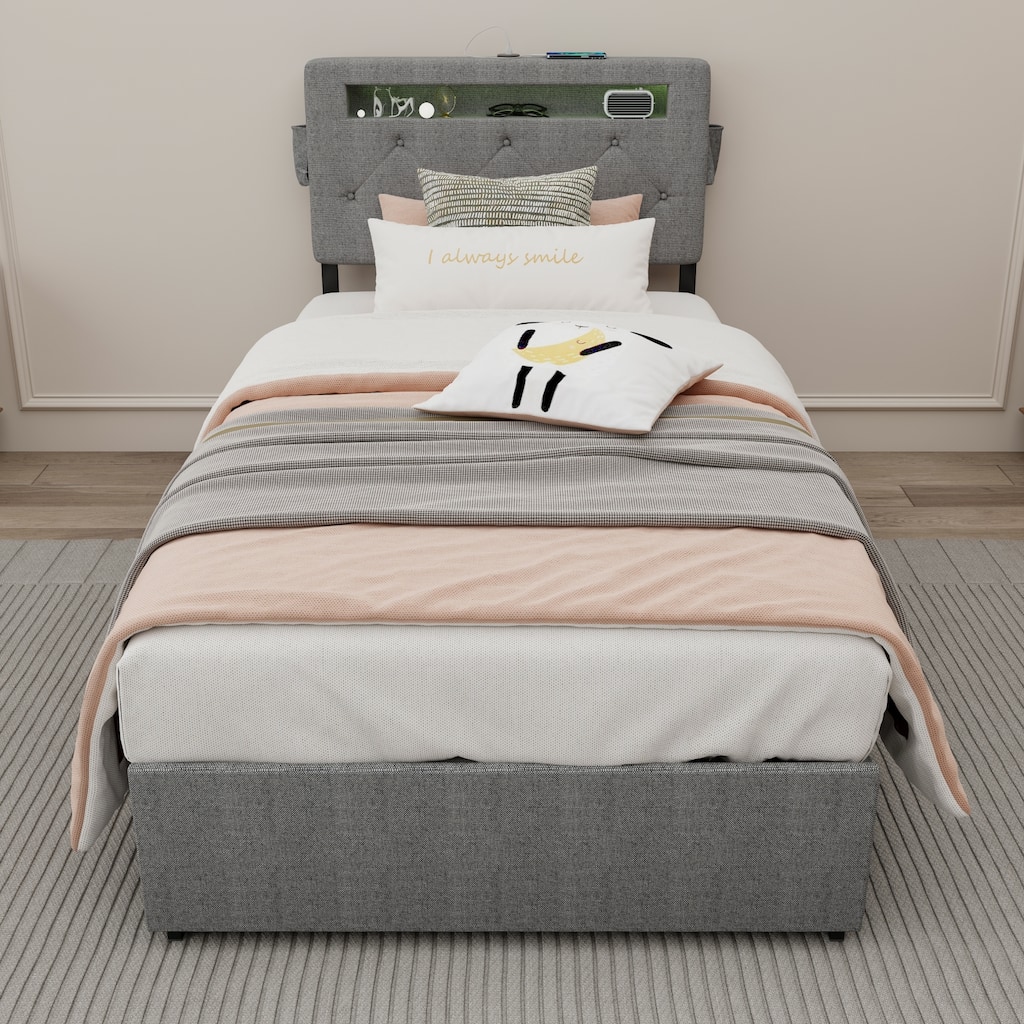 Queen/Full/Twin Size Wings Headboard Design Bed Frame with LED, 4 Under-bed Portable Storage Drawers